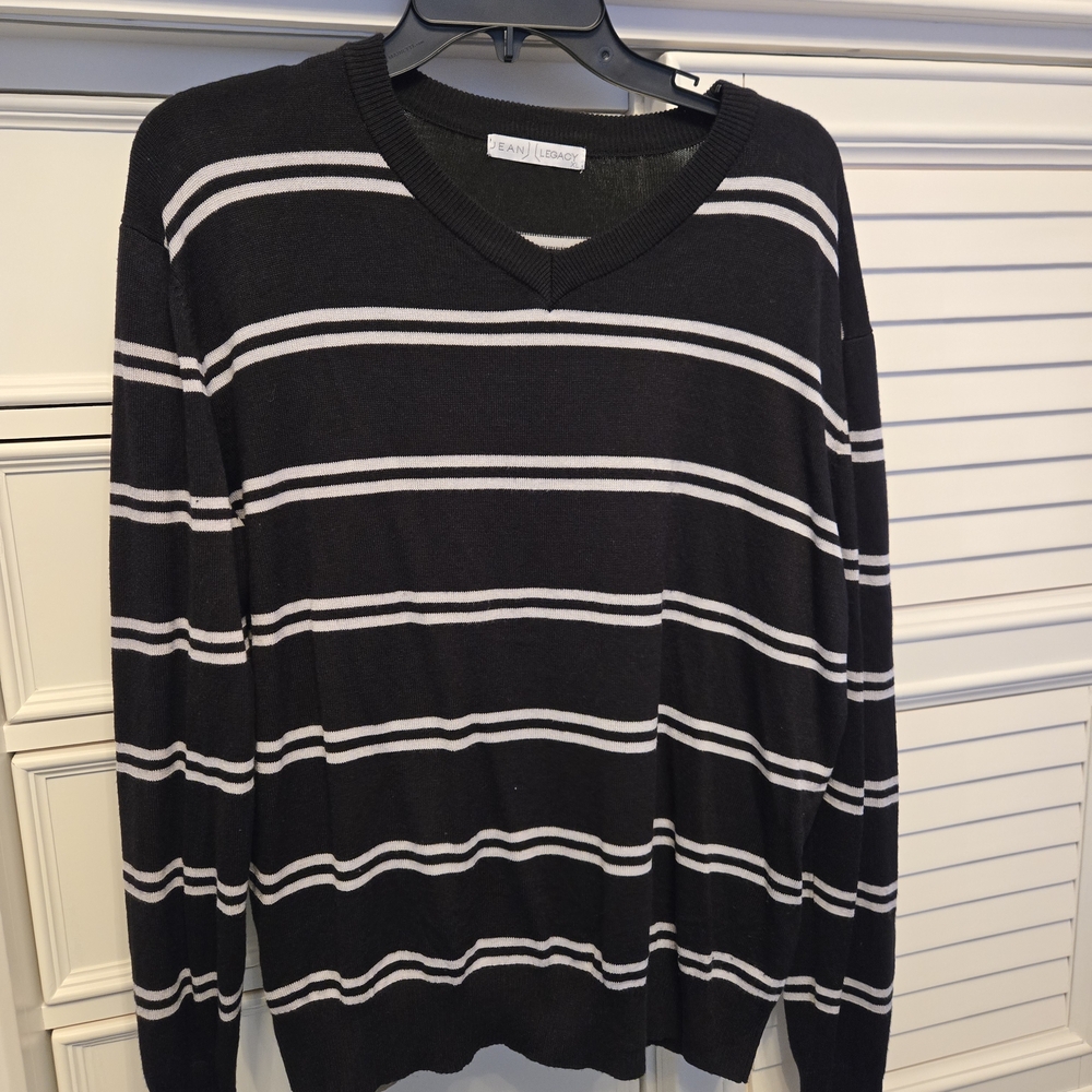 Legacy Black and White Striped V-Neck Men's Sweater